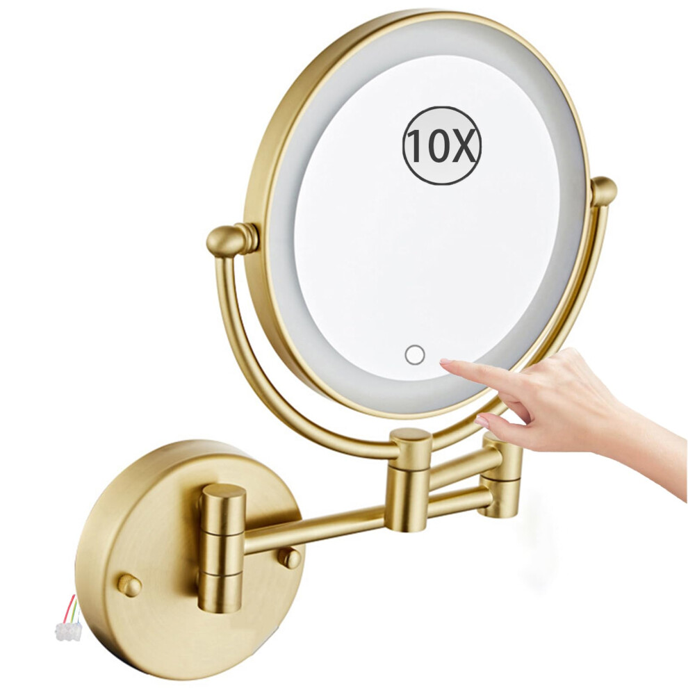Gold Led Lighted Makeup Mirror 8' Wall Mounted 1X/10X Magnification Brushed Hardwired 360 Swivel