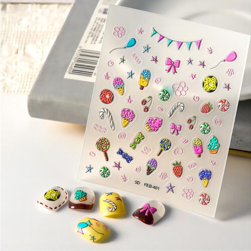 Nail Art Stickers 2 Sheets 3D Embossed Self Adhesive Candy Pattern Decals for Manicure 2