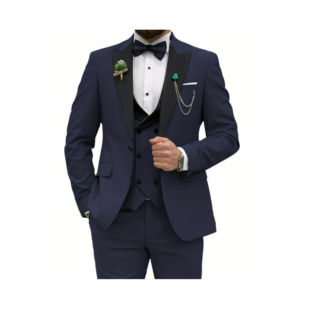 (navy blue, S) Slim Fit Suits for Men 3 Piece Double Breasted Suit Men Wedding Prom Party Business Blazer Vest and Pants