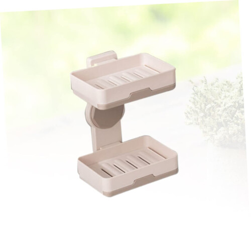 Wall Mounted Soap Dish Double Layer Self Draining Khaki Plastic Rack for Bathroom No Drill 1