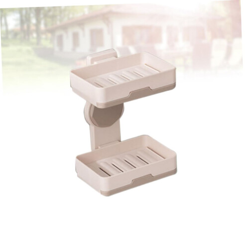 Wall Mounted Soap Dish Double Layer Self Draining Khaki Plastic Rack for Bathroom No Drill 2