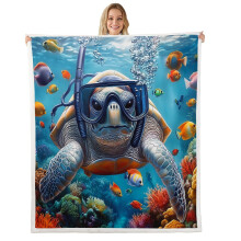 Queen Size Ocean Sea Turtle Sherpa Fleece Throw Blanket Blue Gray Reversible Warm Soft Bed Decor