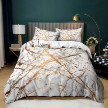 Marble Duvet Cover Set King Size White Gold Print Soft Microfiber with Pillow Shams and Zipper Closure