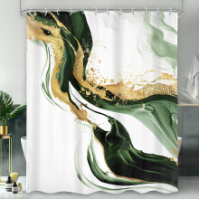 Marble Shower Curtain 60x72 Inch Green Gold Waterproof Fabric Modern Luxury Design with 12 Hooks