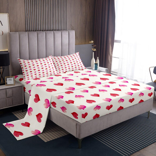King Size Microfiber Bed Sheets with Deep Pockets, Red Pink Heart 3D Printed Bedding Set