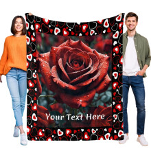 Valentine's Day Blanket with Name, Soft Flannel Red Rose Throw for Couples Gift