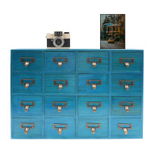 16 Drawer Apothecary Cabinet Rustic Wooden Organizer Blue Tabletop Storage for Home Office