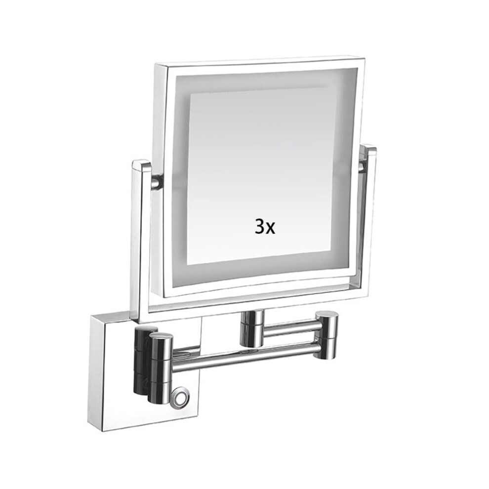 Silver Led Wall Mounted Makeup Mirror 3X Magnification, Square Lighted Vanity Mirror With 360 Rotation