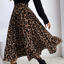 Leopard-Print Rüschensaum A-Linien-Midirock – Hoch tailliert, lässig, Braun, M