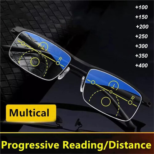 Reading Glasses with DualZone Progressive Lenses, Blue Light Blocking Titanium Half Frame +250 Black 2