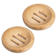 Bamboo Soap Dish 2 Pcs Round Wooden Soap Holder Self Draining Keeps Soap Dry for Bathroom Shower Kitchen Sink