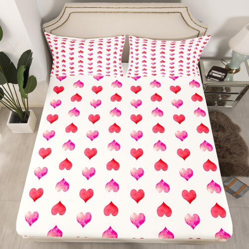 King Size Microfiber Bed Sheets with Deep Pockets, Red Pink Heart 3D Printed Bedding Set 2