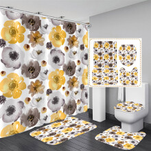 Yellow Floral Shower Curtain Set with Rugs, 4 Piece Bathroom Decor, Ready to Install with Hooks