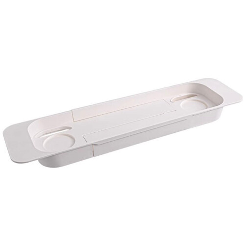 Expandable Bathtub Tray with Drain Holes, Foldable Bath Caddy Shelf Organizer, White