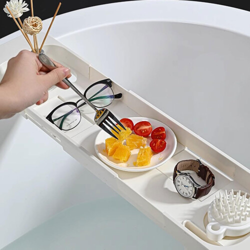 Expandable Bathtub Tray with Drain Holes, Foldable Bath Caddy Shelf Organizer, White 2
