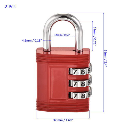 2 Pack Combination Padlock 3 Digit Keyless Resettable Code for Gym Lockers Luggage Toolbox Red 2