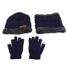 Set di berretto, sciarpa e guanti in lana per uomini e donne, in poliestere, nero, rosso, grigio, blu navy