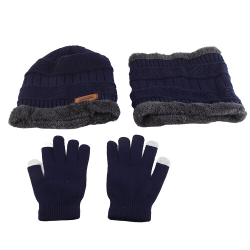 Wool Hat Scarf Glove Set for Men Women - Polyester, Black/Navy/Red