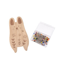 Rabbit Needle Minder for Cross Stitch with Wooden Sewing Pin Holder and 100 Color Pins