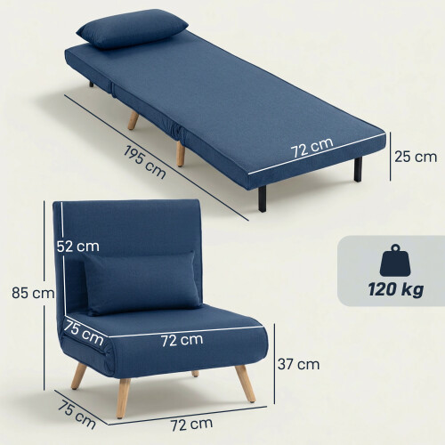 Homcom Sofá Cama Individual Azul 72 x 75 x 85 cm 2