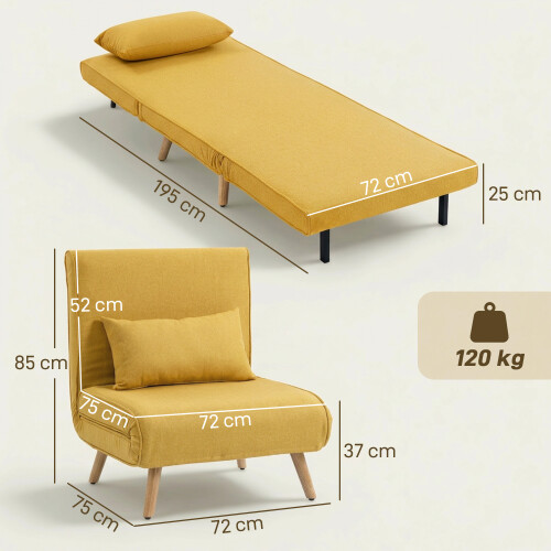 Homcom Sofá Cama Individual Amarillo 72 x 75 x 85 cm 2