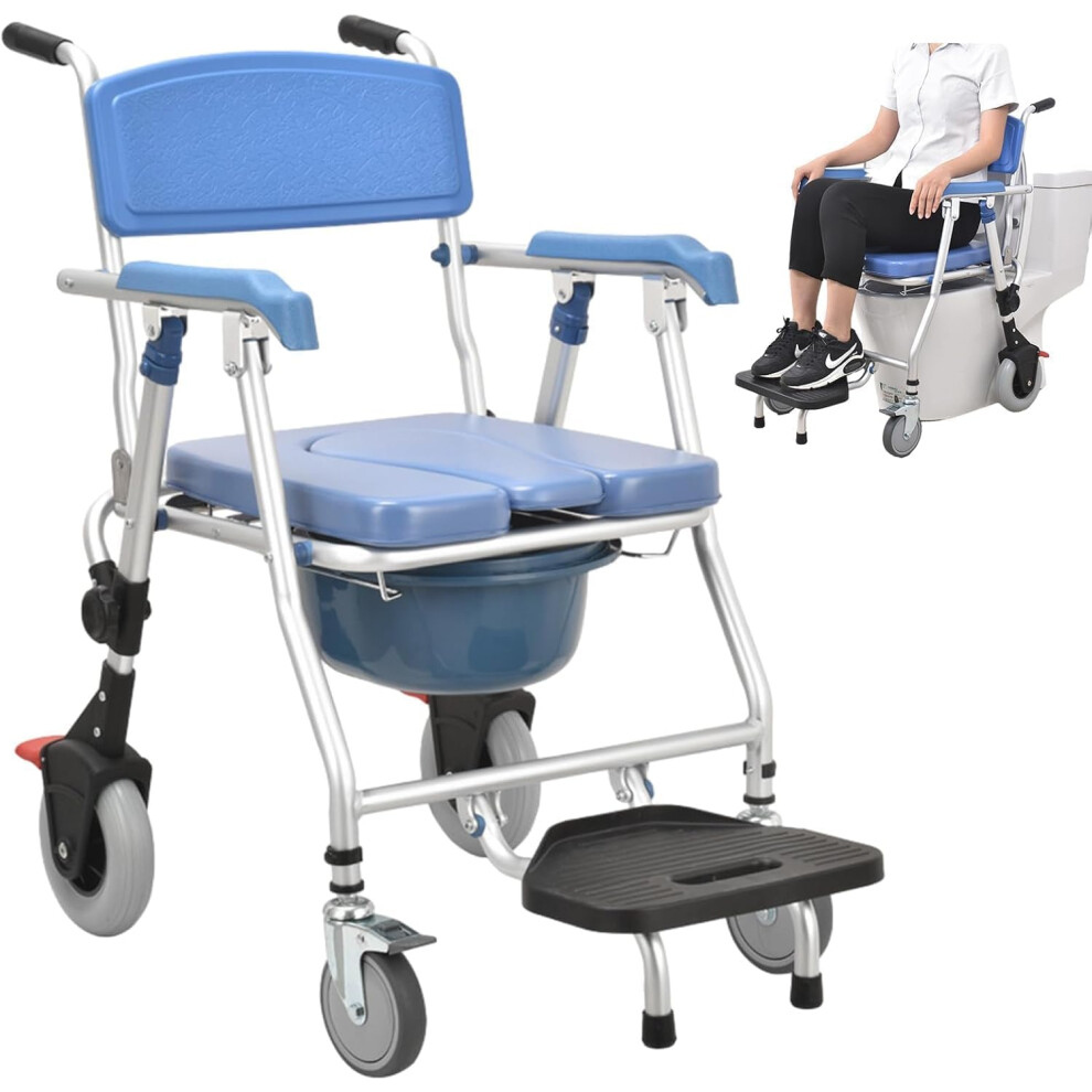Blue Shower Commode Chair With Wheels, Folding 4In1 Mobility Aid, Padded Seat For Elderly, 330Lbs Capacity