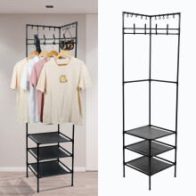 Corner Coat Rack with 3 Shelves and 10 Hooks, SpaceSaving Metal Clothing Stand for Entryway Hallway Bedroom