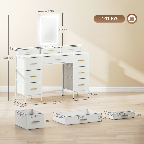 Homcom HOMCOM Dressing Table with LED Lighting Mirror and 10 Drawers, White 2