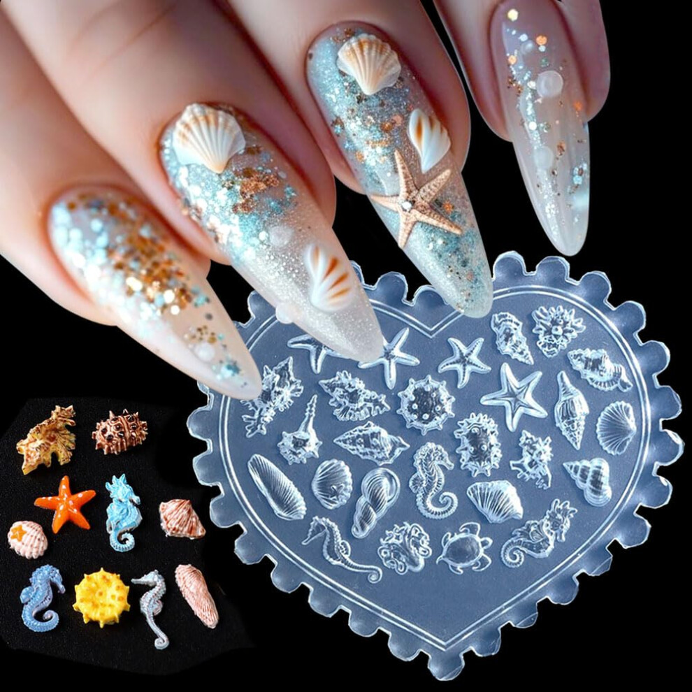 White Nail Art Silicone Mold With 3D Ocean Charms Seashell And Starfish Design Reusable Heart Shape