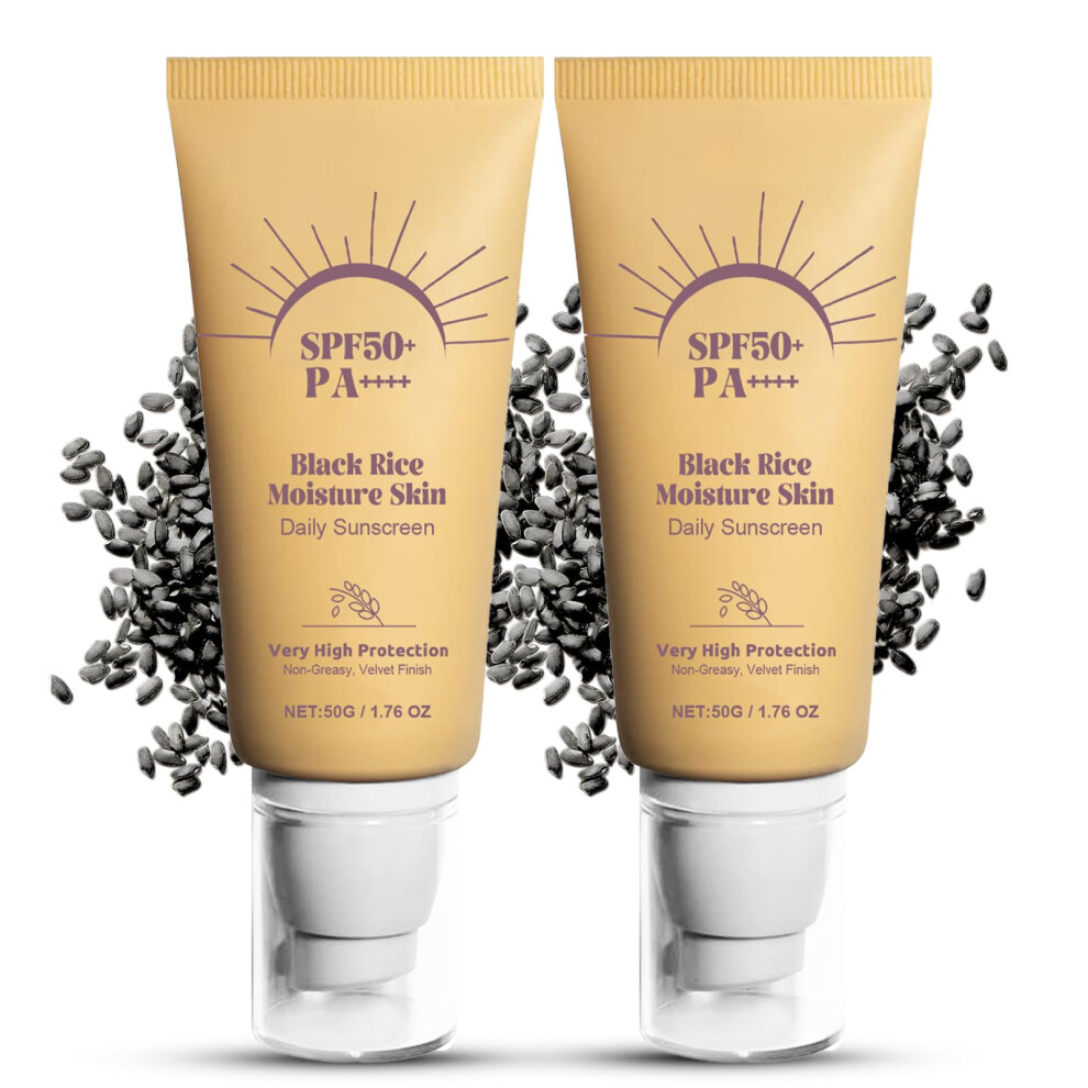 Black 2Pcs Face Sunscreen Spf 50+ Broad Spectrum Vegan Hydrating Nongreasy With Hyaluronic Acid