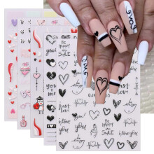 6 Sheets Valentine's Day Heart Nail Art Stickers, 3D Embossed SelfAdhesive Black Nail Decals