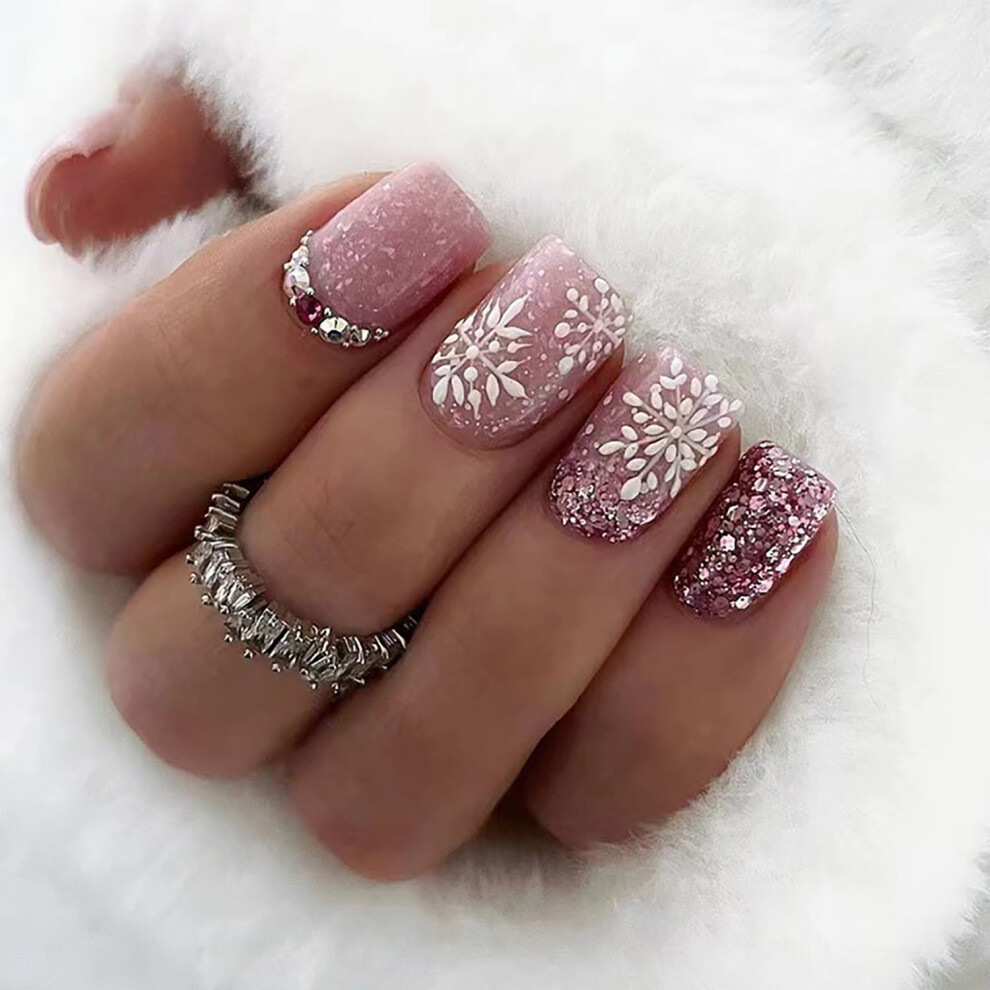 Pink Christmas Press On Nails Coffin Shape With Snowflake Rhinestones, 24Pcs Reusable Acrylic Nail Kit