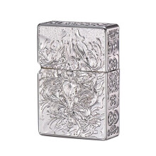 Silver Refillable Metal Lighter with DoubleSided Embossed Design for Camping and Outdoor Use