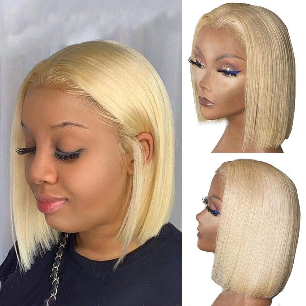 Unisex Black Blonde 13X1x4 Lace Front Human Hair Bob Wig For Women Pre Plucked Bleached Knots 8 Inch