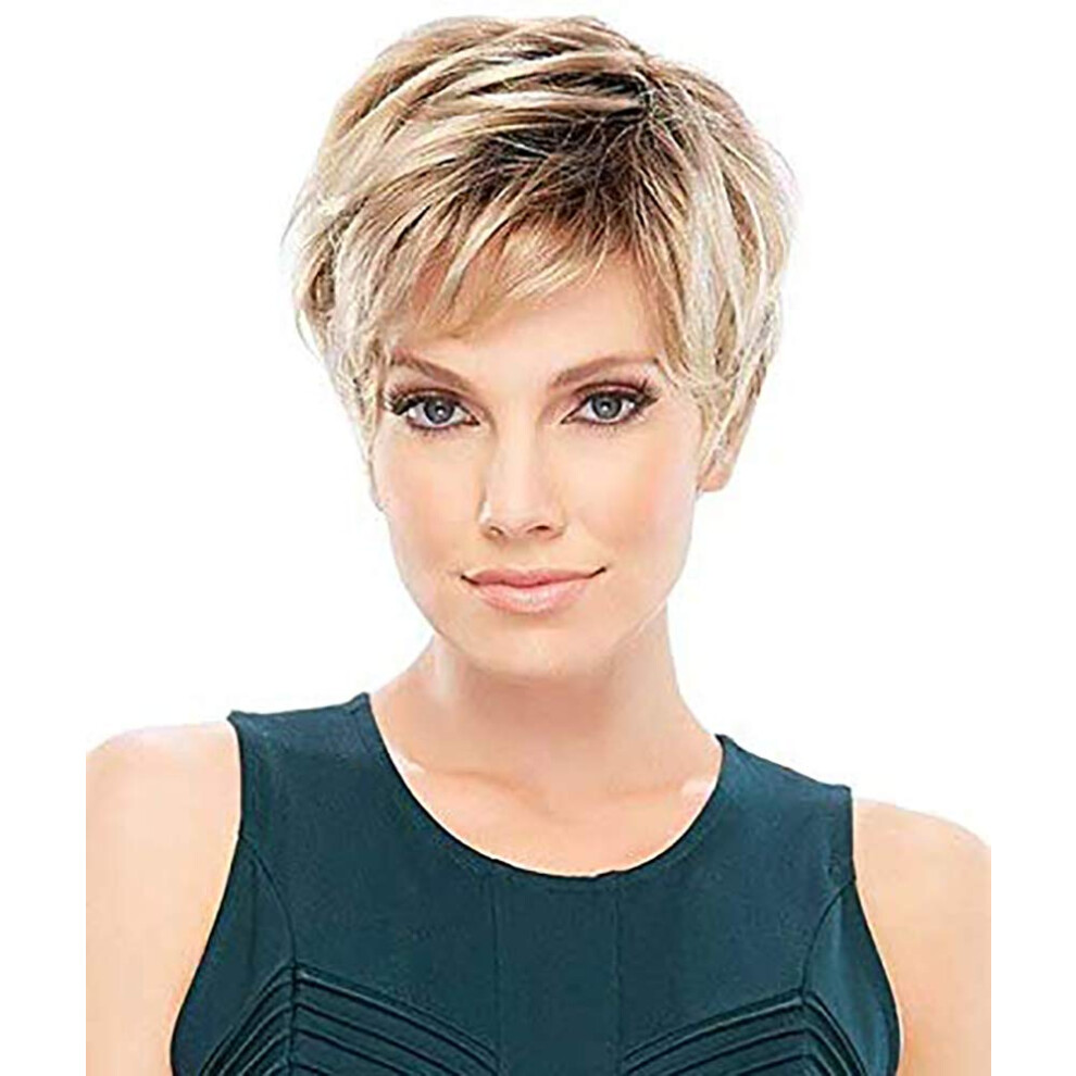 Unisex Black Pixie Cut Wig With Bangs Blonde Ombre Short Synthetic Hair For Women Heat Resistant