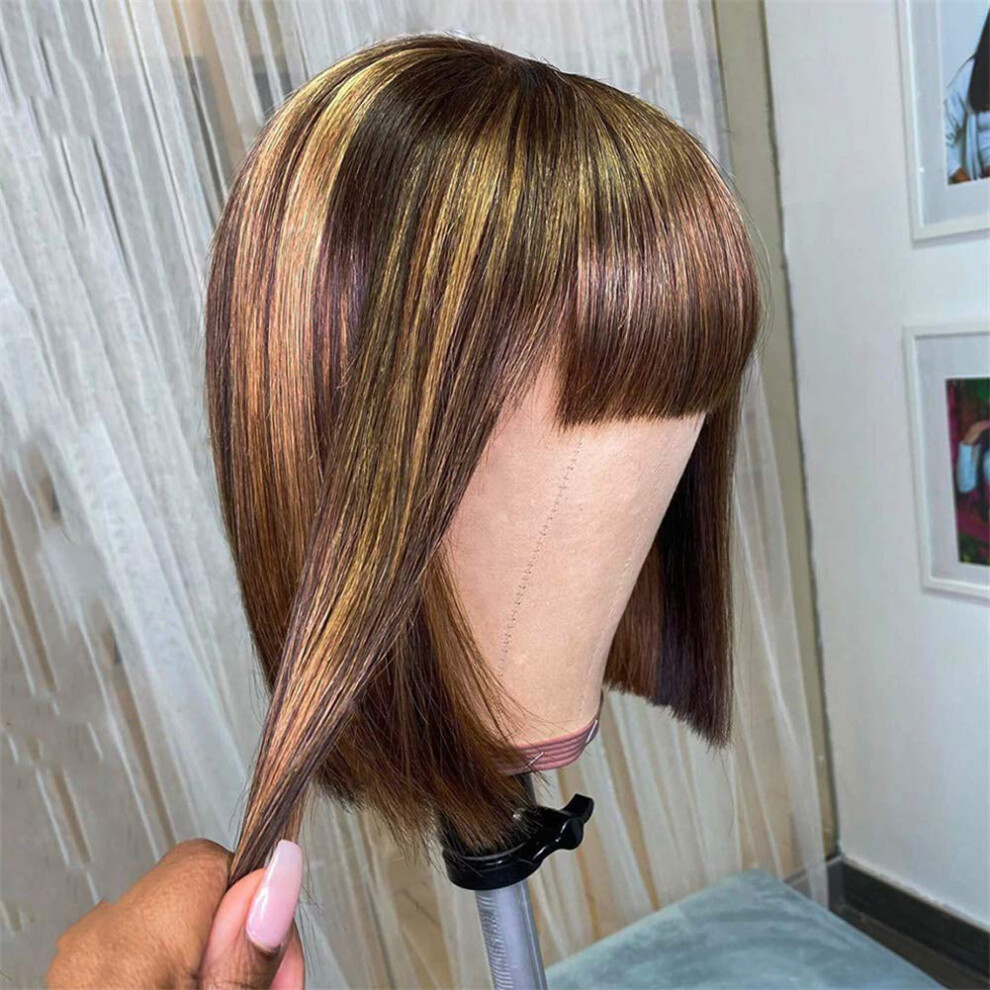 Unisex Black Bob Wig With Bangs Brazilian Straight Human Hair 10 Inch Ombre Highlight Glueless For Women