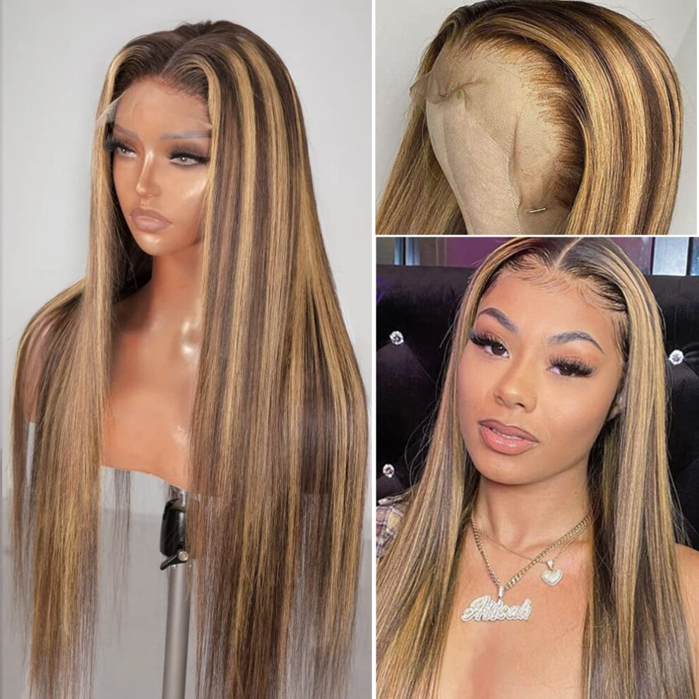 Unisex Brown 18' Ombre To Honey Blonde Human Hair Lace Front Wig, Pre Plucked Straight Brazilian Virgin Hair, 13X1 Deep Part Glueless Natural Hairline