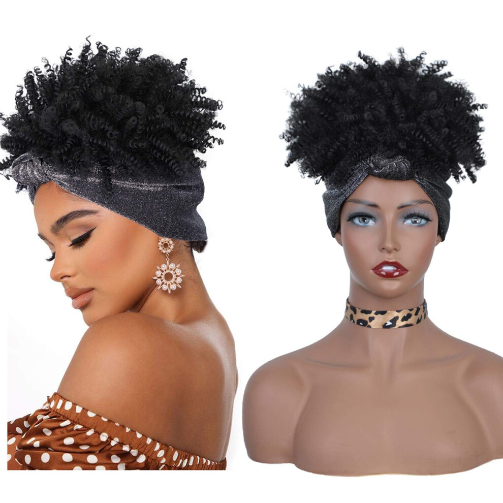Unisex Black Short Afro Kinky Curly Headband Wig For Women 2 In 1 Design With Drawstring Ponytail