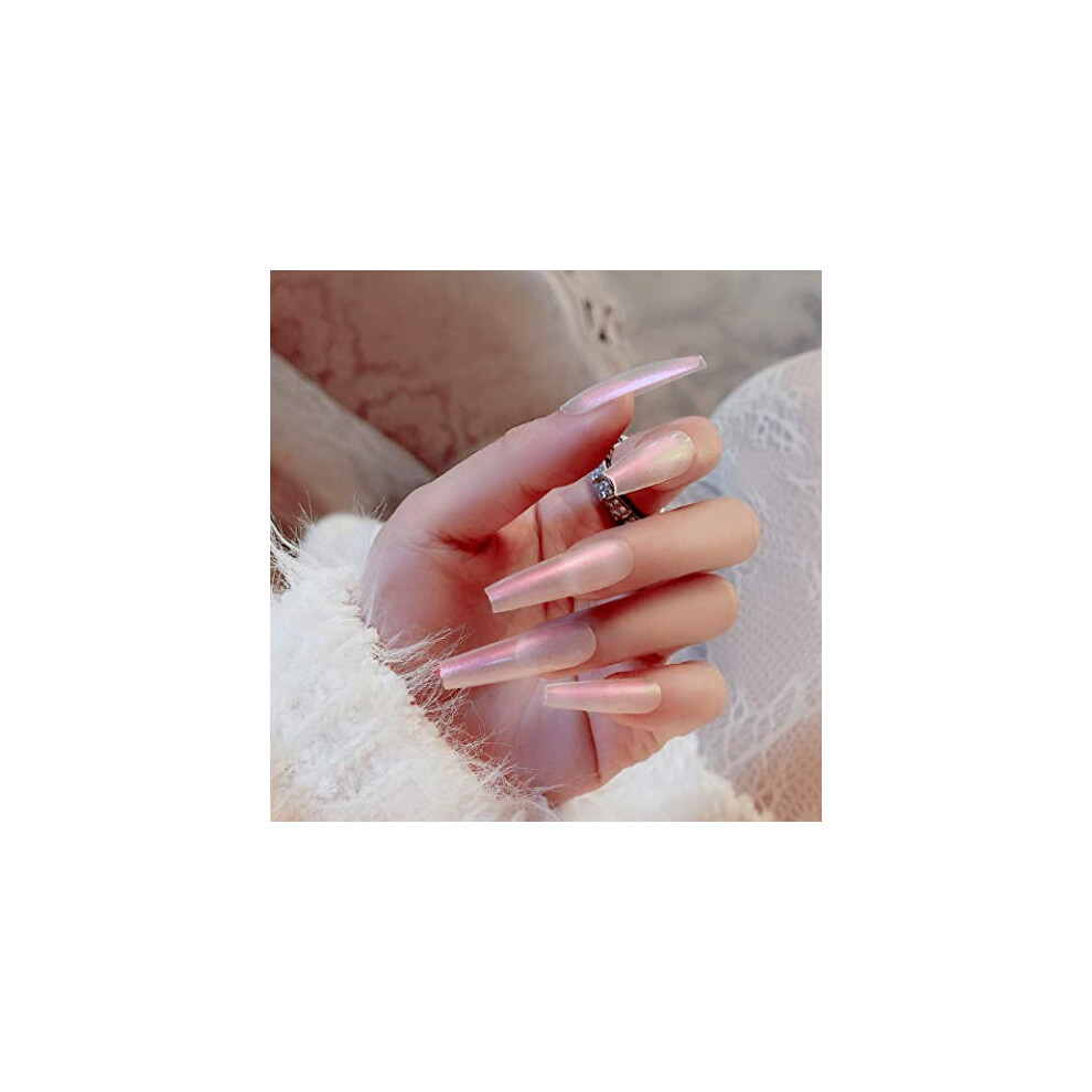 Extra Long Matte Aurora Coffin Press On Nails 24Pcs Frosted Shimmer Acrylic Square Fake Nails