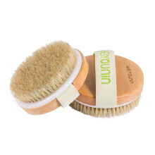 Natural Boar Bristle Body Brush for Wet or Dry Exfoliation with Wooden Oval Grip, 4 Inch Diameter