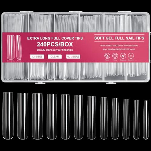 Extra Long False Nails 120 Pack Square Full Cover Nail Tips Natural Acrylic 12 Sizes