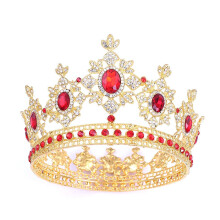 Gold Rhinestone Wedding Crown for Bride, Royal Queen Bridal Tiara with Ruby Crystals, Gold Red