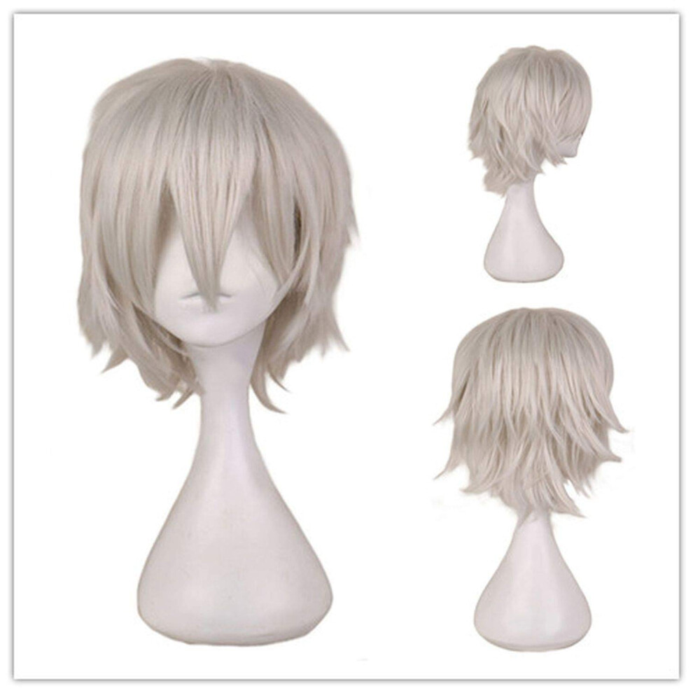 Short Straight Wig for Men Silver White 12 Inch Cosplay Natural Full Coverage Synthetic Fiber