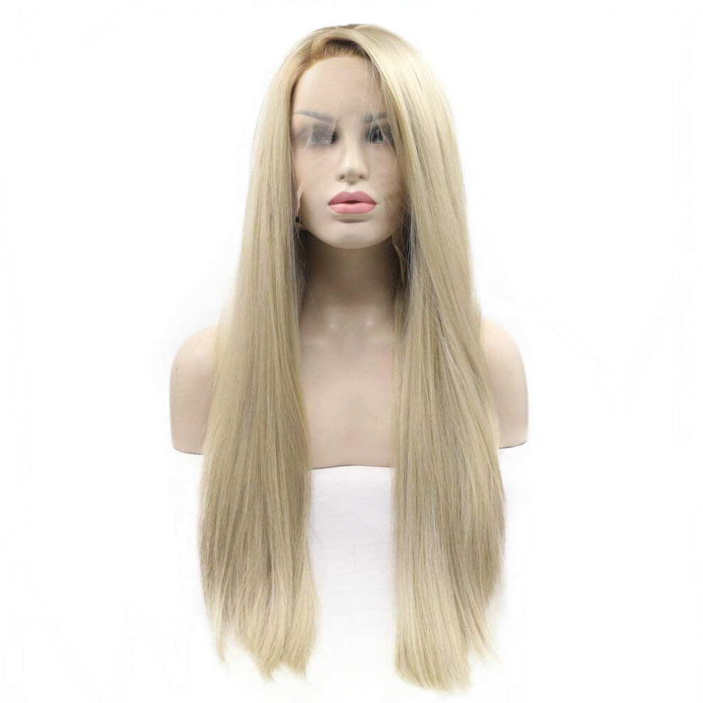 Blonde Lace Front Wig with Ombre Brown Roots, Long Synthetic Hair for Women Cosplay Wedding