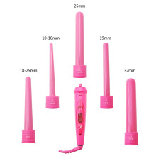 5 in 1 Curling Iron Set with Tourmaline Ceramic Interchangeable Barrels, Fast Heat Up, Dual Voltage Travel Ready, Pink