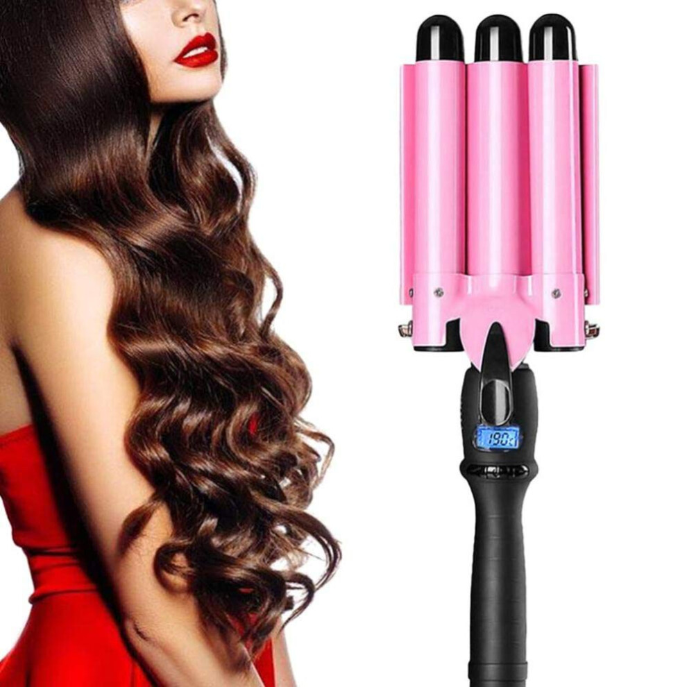Pink 20Mm Triple Barrel Curling Iron Ceramic Tourmaline Fast Heat Lcd Adjustable Temp For S Waves