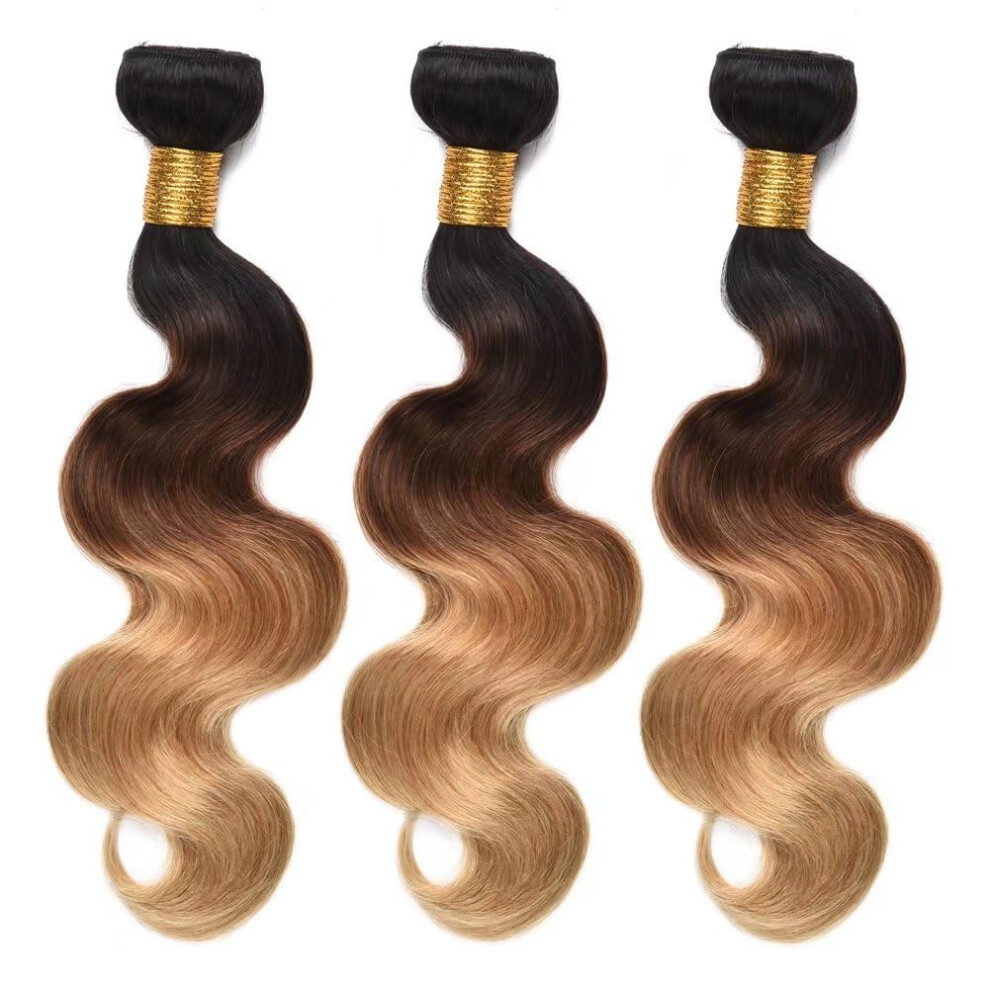 Unisex Black Brazilian Body Wave Ombre Human Hair Bundles 1B/4/27 Virgin Extensions Honey Blonde Weave 12 14 16