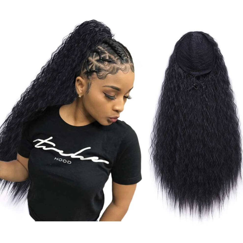 Ponytail Hair Extension 22 Inch Long Wavy Black Corn Wave Synthetic Drawstring Clip On for Women