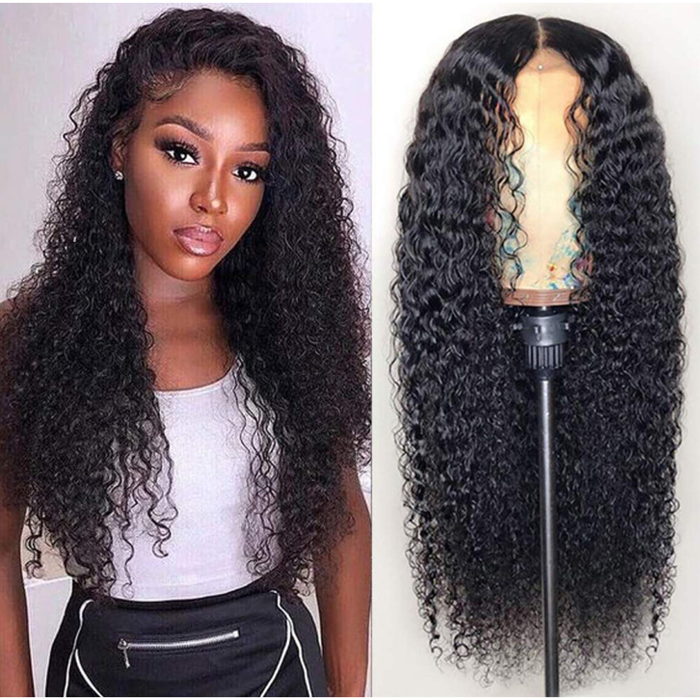 Unisex Black Long Curly Human Hair Lace Front Wig Pre Plucked Glueless 13X4 For Women 18 Inches