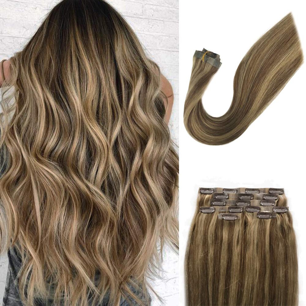 Unisex Cream,Brown Remy Human Hair Extensions Clip In Seamless Pu Tape Weft Balayage Ash Brown Beige Blonde 18In 120G